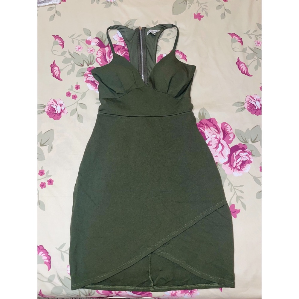 Asymmetrical-mini Charlotte Ruse dress, Size: S in olive green.